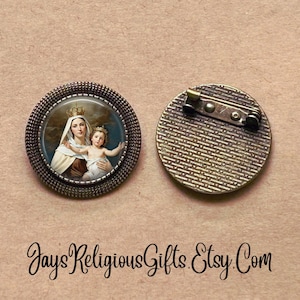 SMALL - Our Lady of Mount Carmel Bronze Round Brooch - Catholic Patron Saint Brooch Gift for her - Religious Jewelry Pin Gift for Women