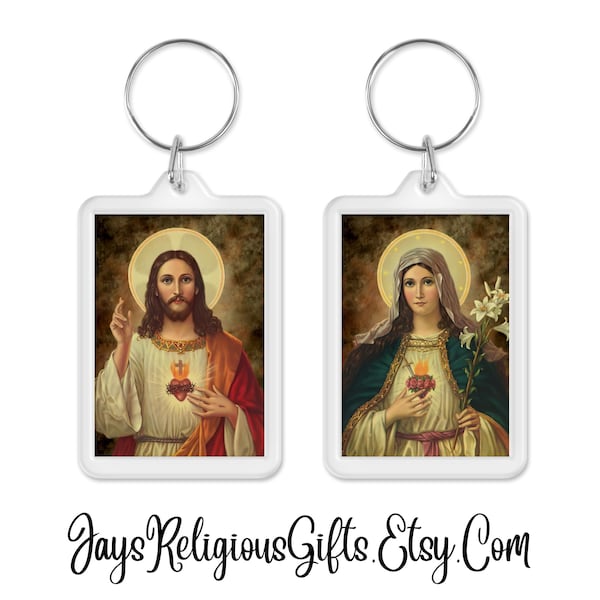 Immaculate Heart of Mary / Sacred Heart of Jesus Acrylic Keychain Set - Catholic Key Chain Gift for couple - Religious his and hers Keyring