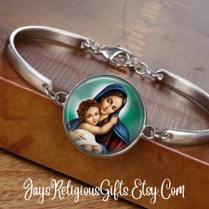 CHOOSE FINISH - Blessed Virgin Mother Mary with Jesus Cuff Bracelet - Catholic Rosary Bracelet for Women - Religious Jewelry Gift for her