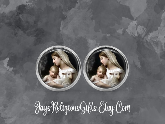 Bronze or Silver Blessed Virgin Mary With Lamb Post Earrings