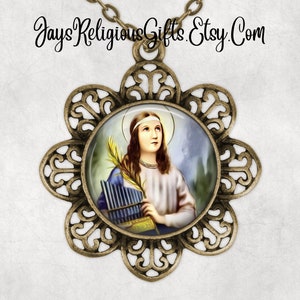 Silver or Bronze - Saint Cecilia of Rome Flower Necklace - Catholic Photo Pendant Gift for her - Religious Jewelry Gift for Women