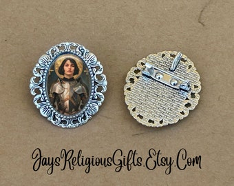 LARGE - Joan of Arc Silver Brooch - Religious Portrait Jewelry Pin Gift for Women - Catholic Patron Saint Medal Jewelry Gift for her