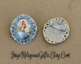 LARGE - Blessed Virgin Mary and Baby Jesus with Lilies Silver Brooch - Religious Portrait Gift for Women - Catholic Pin Jewelry Gift for her