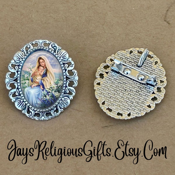 LARGE - Blessed Virgin Mary and Baby Jesus with Lilies Silver Brooch - Religious Portrait Gift for Women - Catholic Pin Jewelry Gift for her