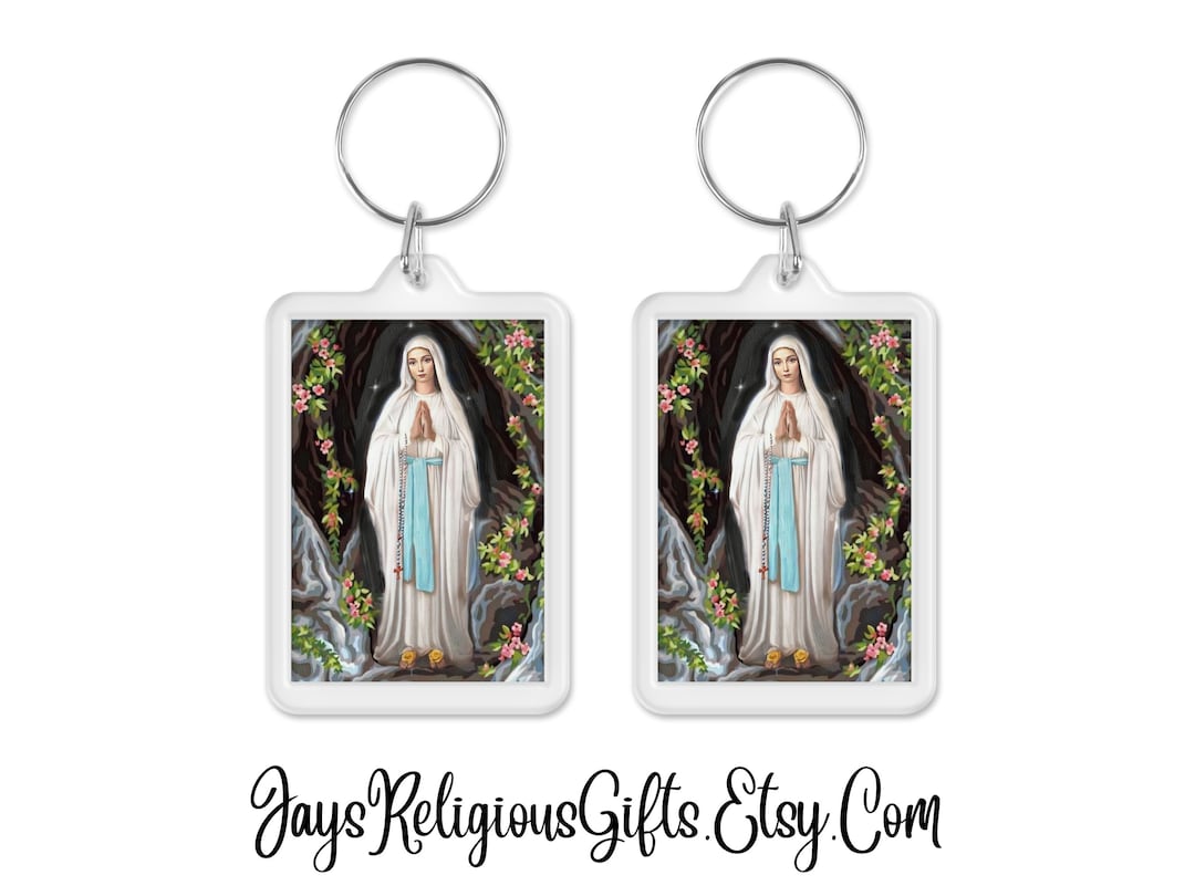 Our Lady Of Lourdes Keychain - Blue Metal Catholic Gift With Sanctuary Grotto Design - View #9