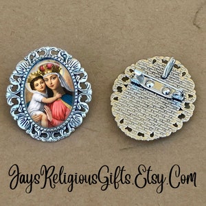 LARGE - Our Lady of Good Remedy Silver Brooch - Religious Portrait Jewelry Pin Gift for Women - Catholic Patron Saint Jewelry Gift for her