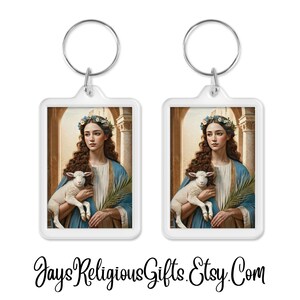 Saint Agnes of Rome with Lamb Acrylic Keychain - Catholic Key Chain Keyring Lanyard Gift for her - Religious Key Fob Gift for Women