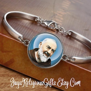 CHOOSE FINISH - Saint Padre Pio Cuff Bracelet - Catholic Rosary Bracelet for Men - Religious Patron Saint Medal - Jewelry Gift for him