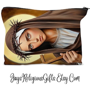 May include: A rectangular cosmetic bag featuring a religious portrait. The image depicts a woman with a crown of thorns, wearing a brown cloak and white head covering. The background is a soft yellow halo. The bag has a black zipper.