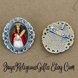 LARGE - Saint Barbara Silver Brooch - Religious Portrait Jewelry Pin Gift for Women - Catholic Patron Saint Medal Jewelry Gift for her