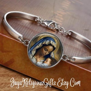 CHOOSE FINISH - African American Blessed Virgin Mary with Jesus Cuff Bracelet - Catholic Bracelet for Women - Religious Jewelry Gift for her