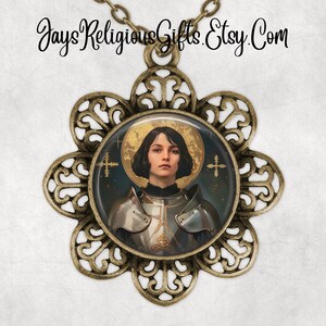 Silver or Bronze - Joan of Arc Flower Necklace - Catholic Photo Pendant Gift for her - Religious Jewelry Gift for Women