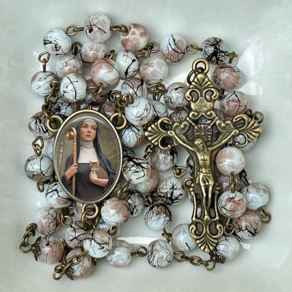 Bronze or Silver - Saint Gertrude of Nivelles Rosary - 8mm Brown Marbled Glass Beads - Catholic Beads for her - Religious Gift for Women