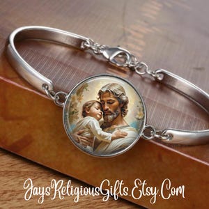 CHOOSE FINISH - Saint Joseph and Child Cuff Bracelet - Catholic Rosary Bracelet for Men - Religious Patron Saint Jewelry Gift for him