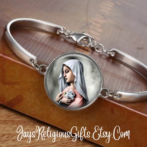CHOOSE FINISH - Blessed Virgin Mary with Rose Cuff Bracelet - Catholic Rosary Bracelet for Women - Religious Saint Jewelry Gift for her