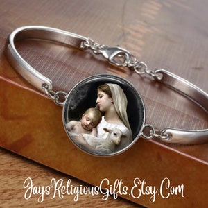 CHOOSE FINISH - Blessed Virgin Mother Mary with Lamb Cuff Bracelet - Catholic Rosary Bracelet for Women - Religious Jewelry Gift for her