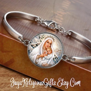 Bronze or Silver - Our Lady of Snows Photo Cuff Bracelet - Catholic Patron Saint Gift for her - Religious Jewelry Gift for Women