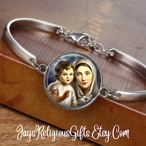 CHOOSE FINISH - Blessed Virgin Mary with Baby Jesus Cuff Bracelet - Catholic Rosary Bracelet for Women - Religious Jewelry Gift for her