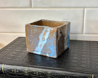 Vintage Handmade Studio Pottery Planter | Square Ceramic Planter | Earthy Blue Brown Glaze