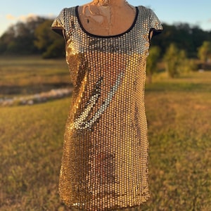 May include: A gold sequin dress with a scoop neckline and cap sleeves, displayed on a vintage dress form. The dress is knee-length and shimmers in the sunlight. The dress form is set against a backdrop of a grassy field and trees.