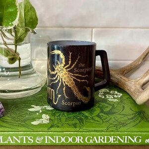 May include: Black mug with a gold scorpion design and the word "Scorpio". The mug has a black handle and is sitting on a green book. The mug is a zodiac-themed item.