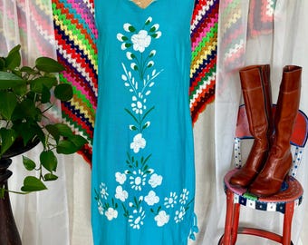Vintage 1960s 1970s Mexican Resort Dress Turquoise Blue Hand Embroidered Floral Shift Dress