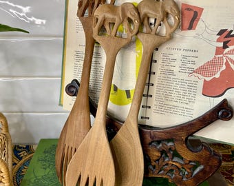 Vintage Elephant Hand Carved Wood Salad Servers - 80s Boho Wooden Serving Utensils