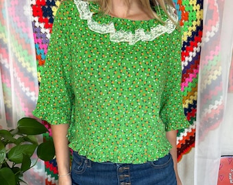 Vintage 70s Green Floral Prairie Blouse - Lace Ruffle Collar Ditsy Flower Print Top