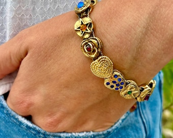70s Vintage Slide Bracelet - Gold Tone Double Chain Charm Link