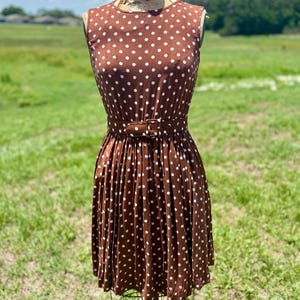 Vintage 80s Brown Polka Dot Dress with Belt - Serbin Sleeveless Pleated Dress