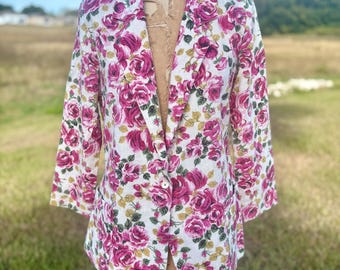Vintage 80s Linen Floral Blazer by Extreme – Rose Print Statement Jacket –  Size Medium