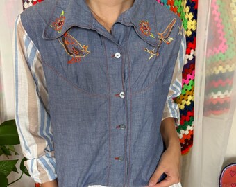Vintage 70s Embroidered Western Blouse - Blue Chambray Floral Bird Patchwork Striped Sleeve Button Down