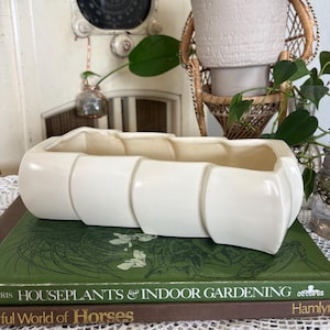 May include: A rectangular, off-white ceramic planter featuring a segmented, tiered exterior design with smooth, rounded vertical panels. The vessel has an open top and a flat base, presenting a clean, monochromatic appearance suitable for holding small plants.
