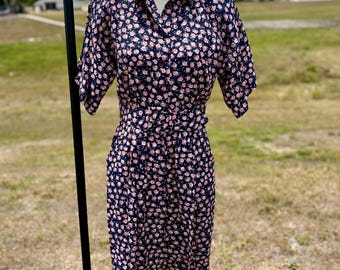 Vintage 80s Floral Midi Dress: Ed Michaels Navy Rose Print, Belted