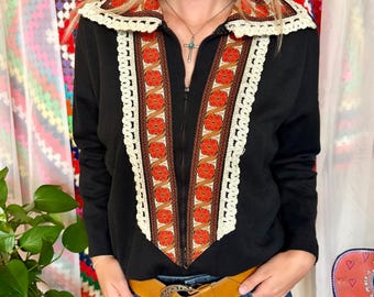 Vintage 1970s Karla Drabsch Modelle Top - 70s Black & Orange Floral Embroidered Crochet Trim Blouse