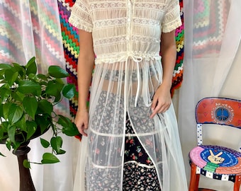 Vintage 1960s 1970s Miss Elaine Sheer Peignoir Robe - Cream Lace Chiffon Maxi Dressing Gown
