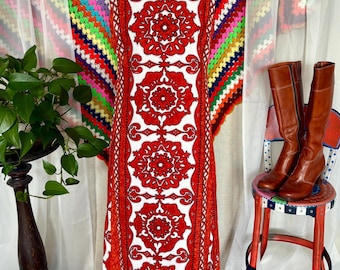 Vintage 1960s 1970s Penneys Hawaii Maxi Dress - Red Orange White Tile Floral Medallion Print