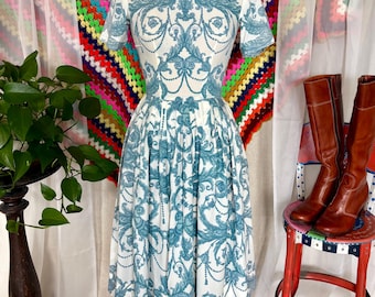 Vintage 1950s Toile Print Dress Blue and White Damask Baroque Rococo Mid Century Dress