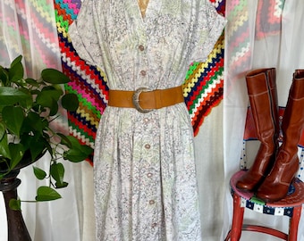 Vintage 60s 70s Ann Taylor Floral Impressionist Midi Dress - Cuffed Short Sleeve Button Down