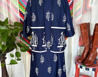 Vintage 1970s Brief Notes Dress and Jacket Set - Navy Blue Abstract Print 2 Piece