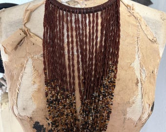 Vintage Two Tone Beaded Fringe Collar Necklace - Brown Ombre Seed Bead Waterfall Bib