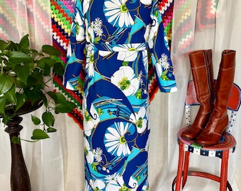 Vintage 1960s 1970s Psychedelic Floral Maxi Dress Blue White Flower Power Long Sleeve Dress