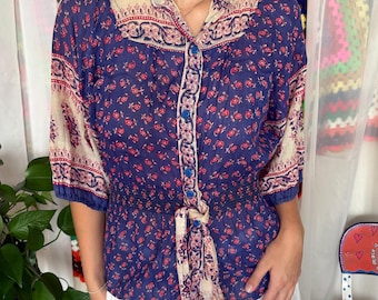 Vintage 1970s Cotton Gauze Peasant Blouse - Blue Floral Block Print Tie Front Shirt