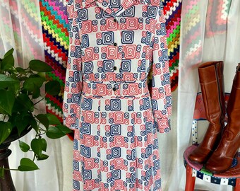 Vintage 1960s 1970s Kimberly Dress and Jacket Set - White Orange Blue Geometric 2 Piece