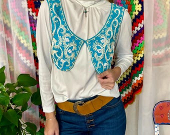 Vintage 60s 70s Turquoise Embroidered Cropped Vest - Boho Beaded Soutache Bolero Waistcoat