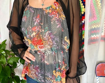 Vintage 1970s Boho Sheer Floral Top - 70s Black Sheer Puff Sleeve Blouse