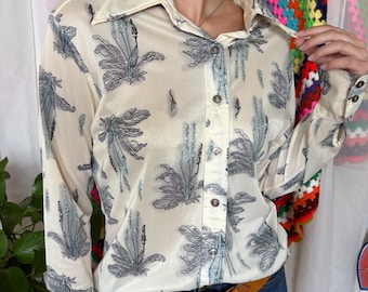 Vintage 1970s Mr Dino Floral Print Button Up Blouse - Cream & Teal Botanical Long Sleeve