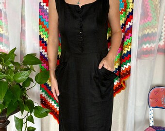 80s/90s Vintage Black Linen Button Down Dress - Square Neck Midi Sundress with Pockets