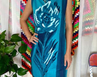 Vintage 1960s Mod Blue Shift Dress - Turquoise Large Floral Graphic Mini Dress