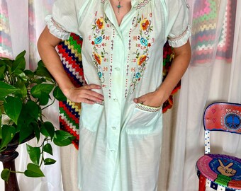 Vintage 70s Mint Green Embroidered Nightgown - Boho Floral Button Up Housecoat Duster